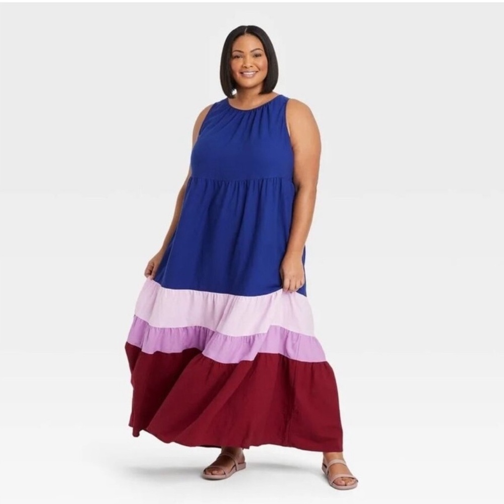 Ava & Viv Colorblock Tiered A-Line Maxi Dress Size 1X Beach Festive Rainbow